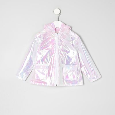 Mini girls pink iridescent rain coat